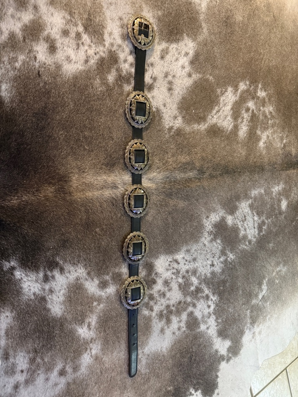 Western Concho Black Leather Belt with Oval Silver-Tone Accents